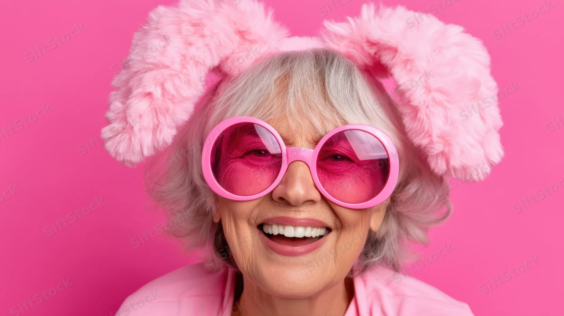 Smiling senior woman wearing pink fluffy bunny ears and oversized pink sunglasses against a bright pink background