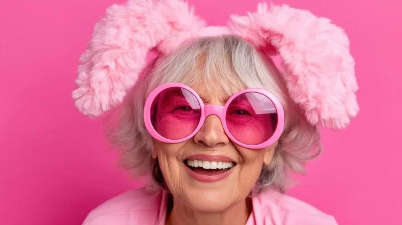 Smiling senior woman wearing pink fluffy bunny ears and oversized pink sunglasses against a bright pink background