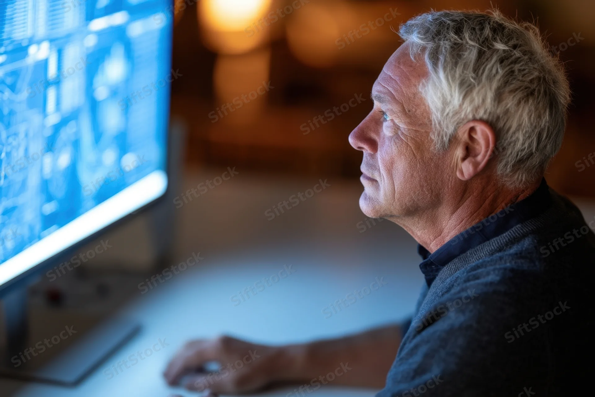 Senior man concentrating on technical blueprint displayed on computer monitor at desk