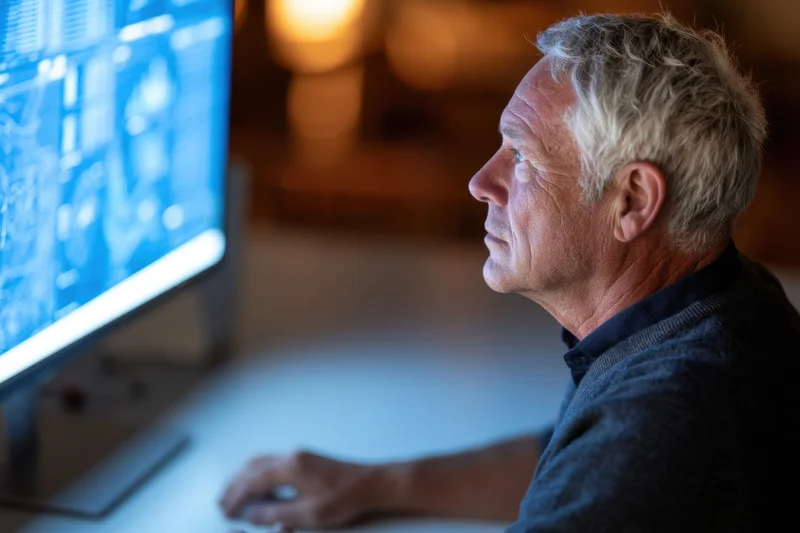 Senior man concentrating on technical blueprint displayed on computer monitor at desk