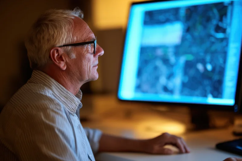 Senior man working at computer in dimly lit office, focused on screen display