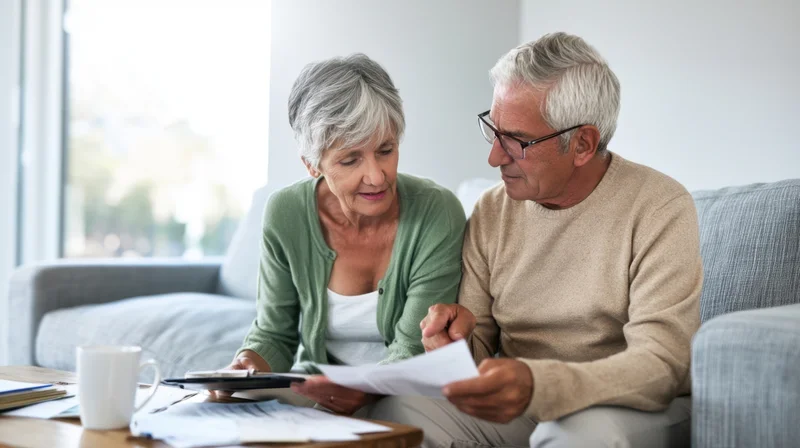 Senior couple reviewing financial documents together on sofa in living room