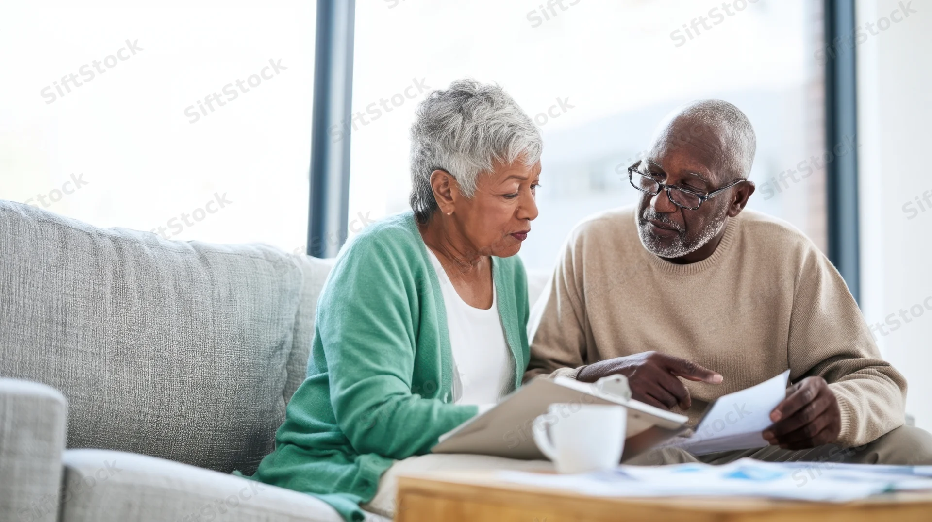 Senior african american couple discussing finances on couch with tablet and documents