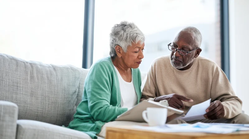 Senior african american couple discussing finances on couch with tablet and documents