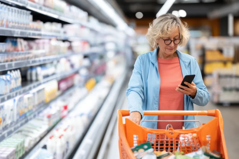 Senior woman pushing shopping cart while checking smartphone in supermarket aisle