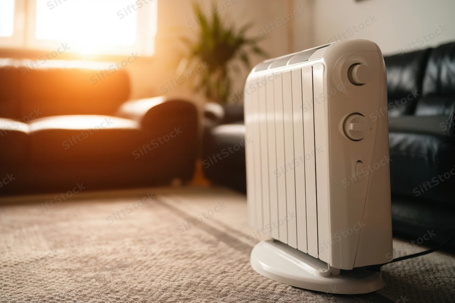 White electric heater on carpeted floor in living room with sunlight through window