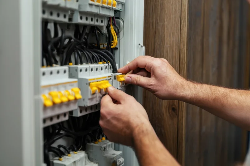 Electrician connecting wires in an electrical panel with yellow switches