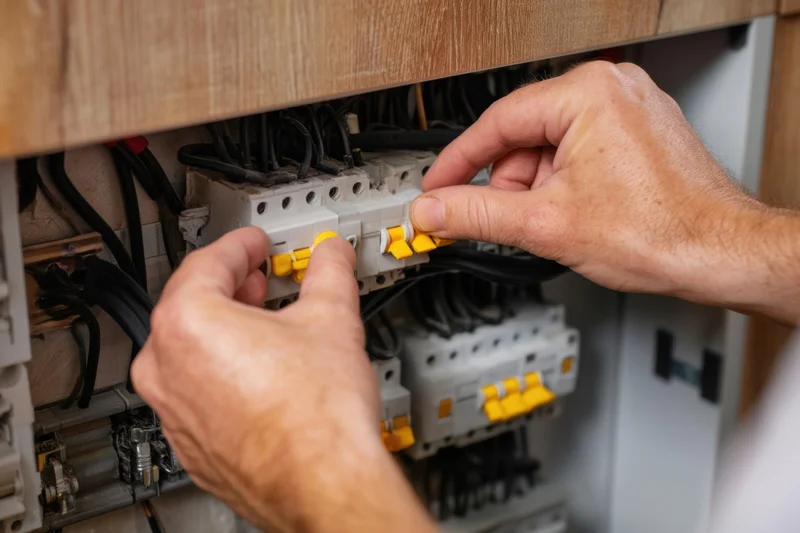 Electrician adjusting circuit breakers in an electrical panel