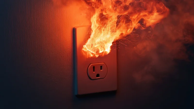 Fire erupting from an electrical outlet mounted on a dark wall