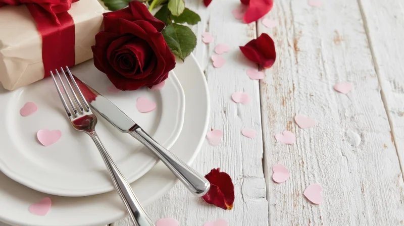 Red rose and gift on a white plate with cutlery and heart confetti on a wooden table