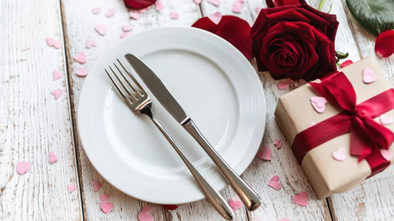 Romantic dinner table setting with white plate, cutlery, red rose, gift box and heart decorations on rustic wood surface