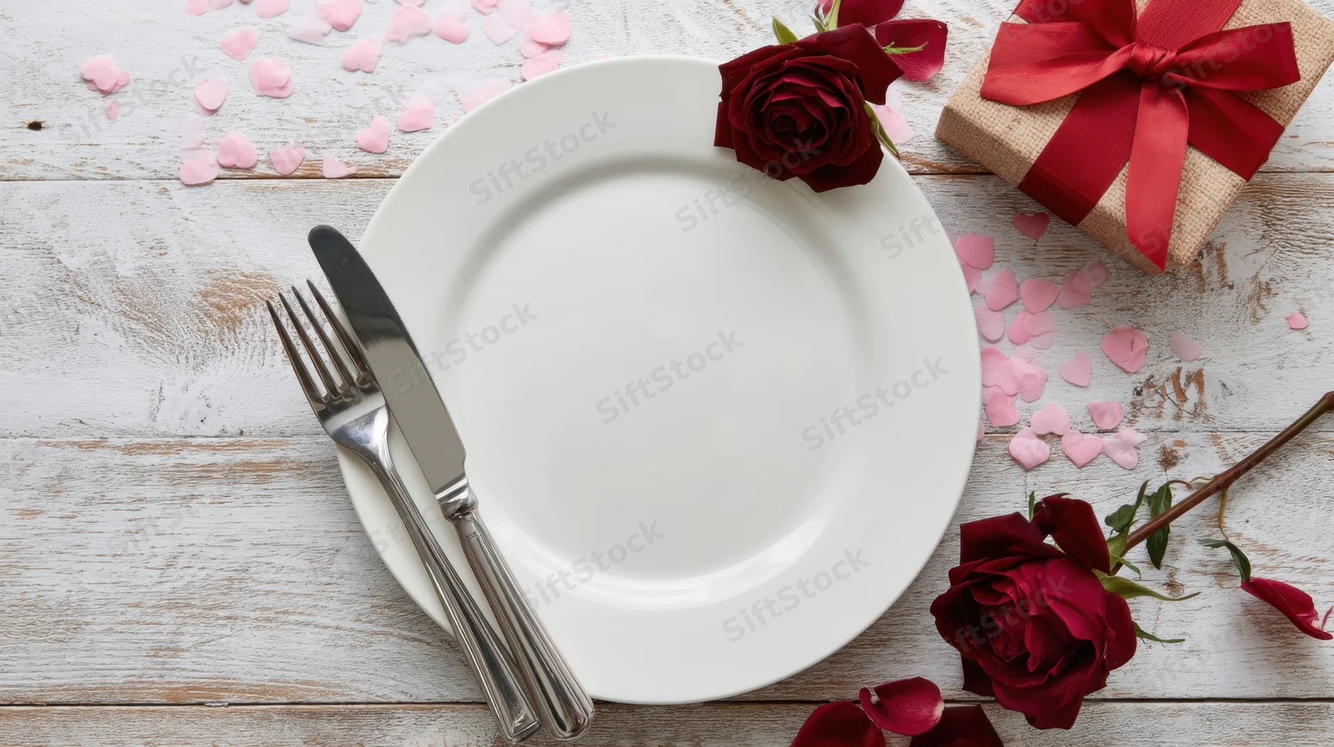 White plate with silver cutlery and red roses on a wooden table surrounded by pink heart confetti and a gift box