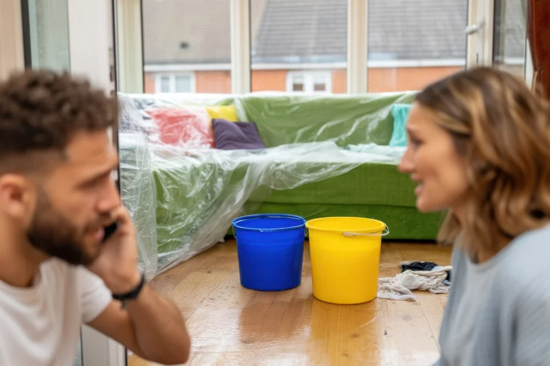 Couple talking on phone during home renovation in living room with paint buckets and plastic-covered sofa