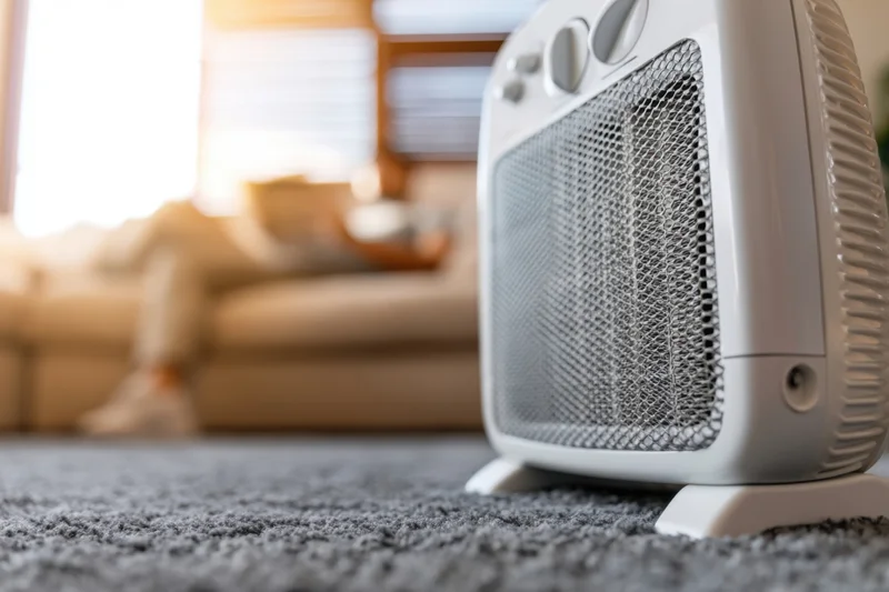White electric heater on gray carpet in living room with sofa and window in background