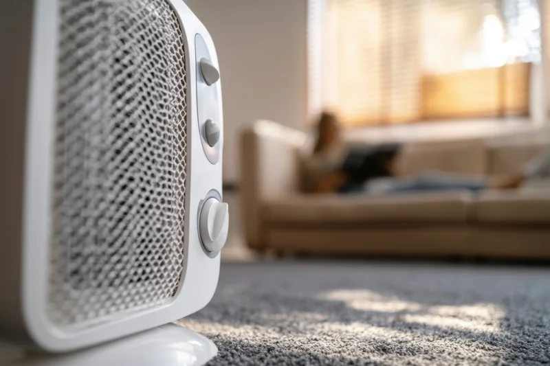 White speaker on carpeted floor in living room with sofa and window in background