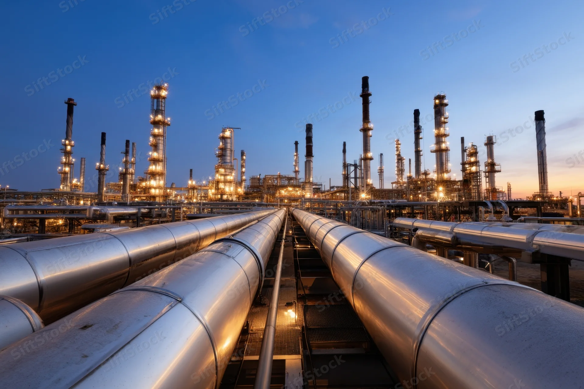 Large industrial refinery with illuminated towers and steel pipelines at twilight