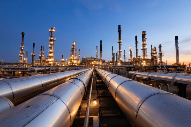 Large industrial refinery with illuminated towers and steel pipelines at twilight
