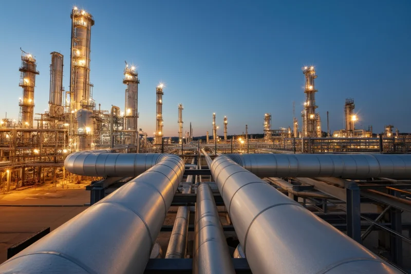 Large industrial refinery with illuminated towers and steel pipelines at twilight