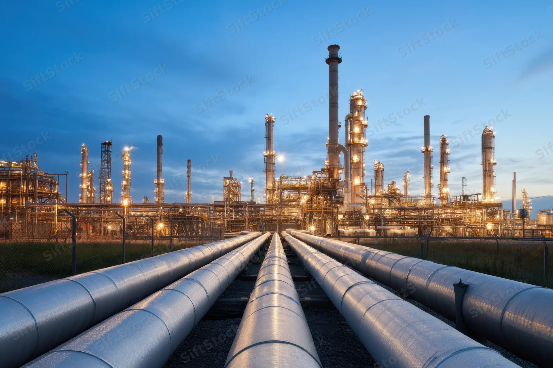 Large refinery complex with illuminated towers and parallel pipelines at twilight
