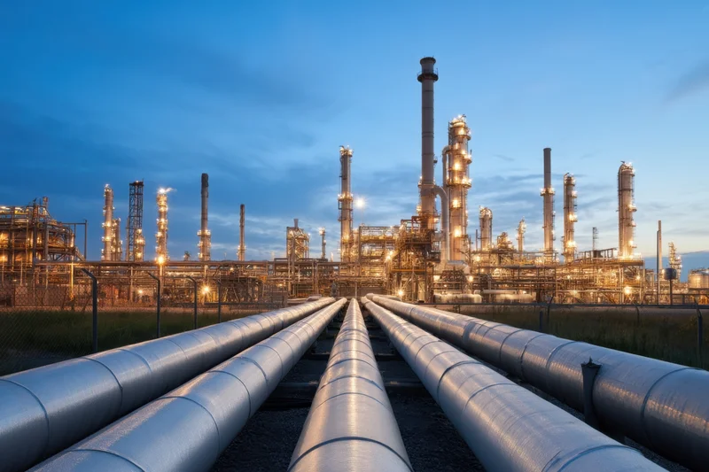 Large refinery complex with illuminated towers and parallel pipelines at twilight