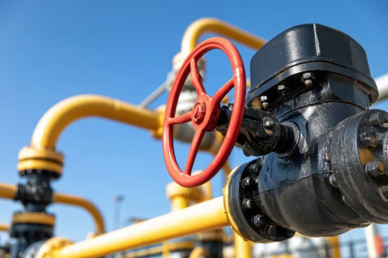 Close-up of a red-handled valve on a yellow pipeline in an industrial facility under a clear blue sky