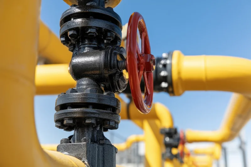 Close-up of a red-handled valve on a yellow pipeline in an industrial facility under a clear blue sky