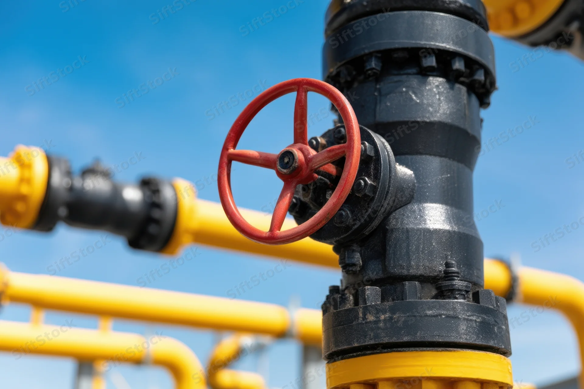 Red valve on black and yellow pipeline against blue sky