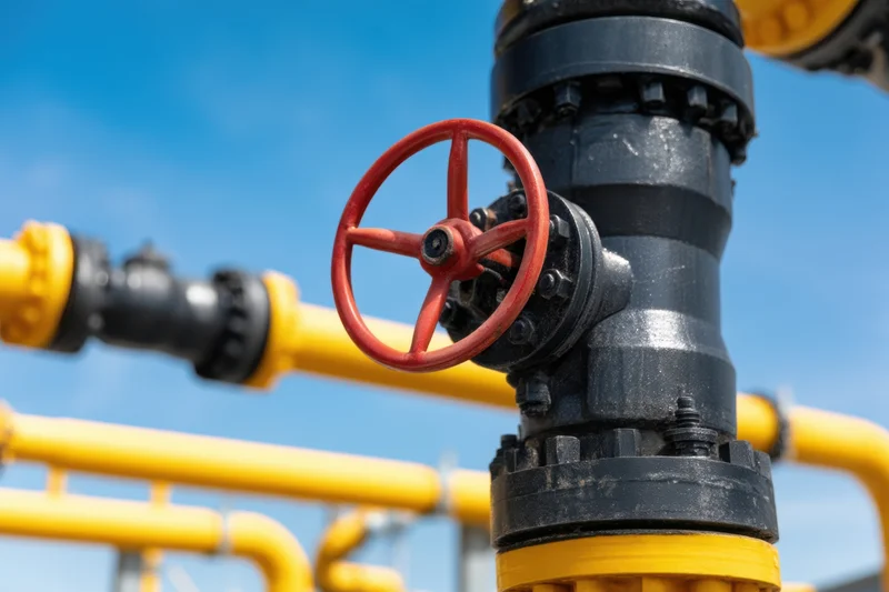 Red valve on black and yellow pipeline against blue sky