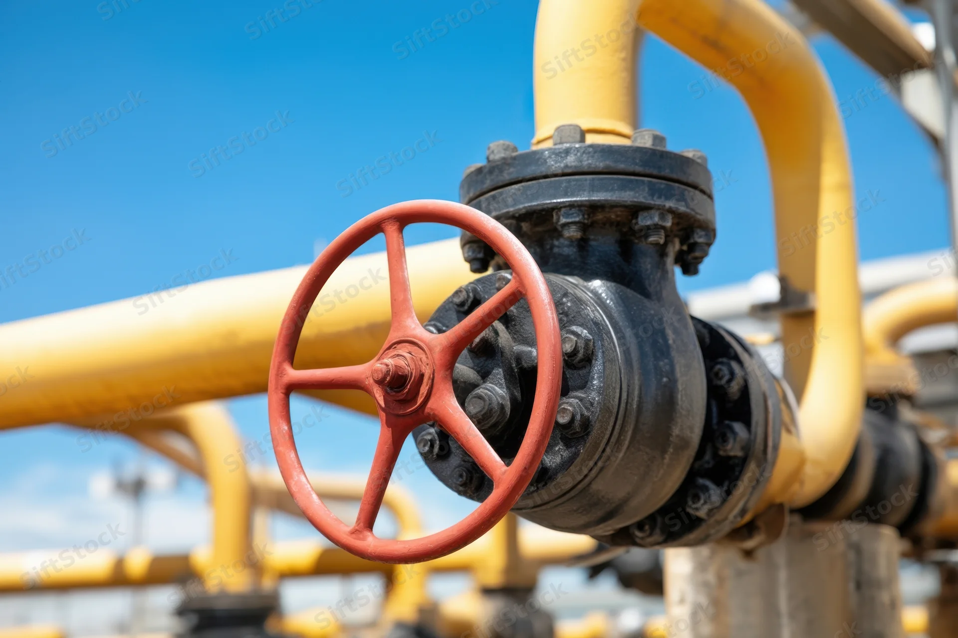 Red valve on yellow pipeline in industrial plant under blue sky