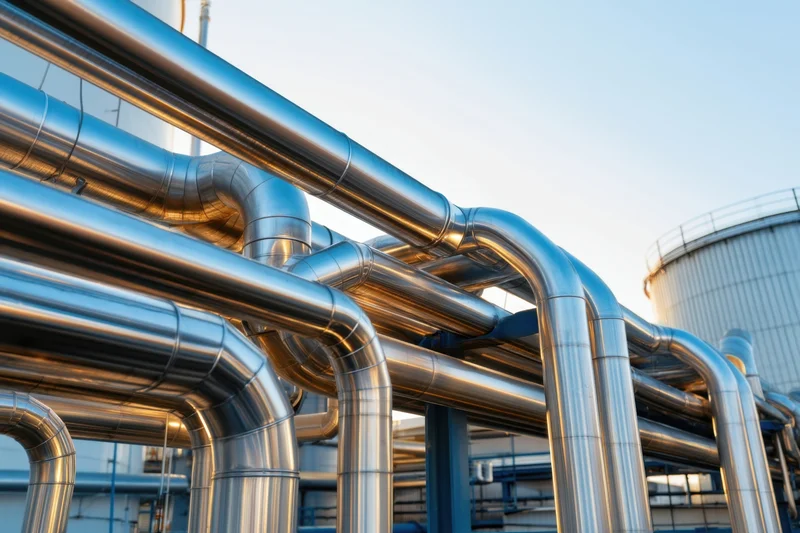 Stainless steel pipelines curving through an industrial refinery exterior at sunrise
