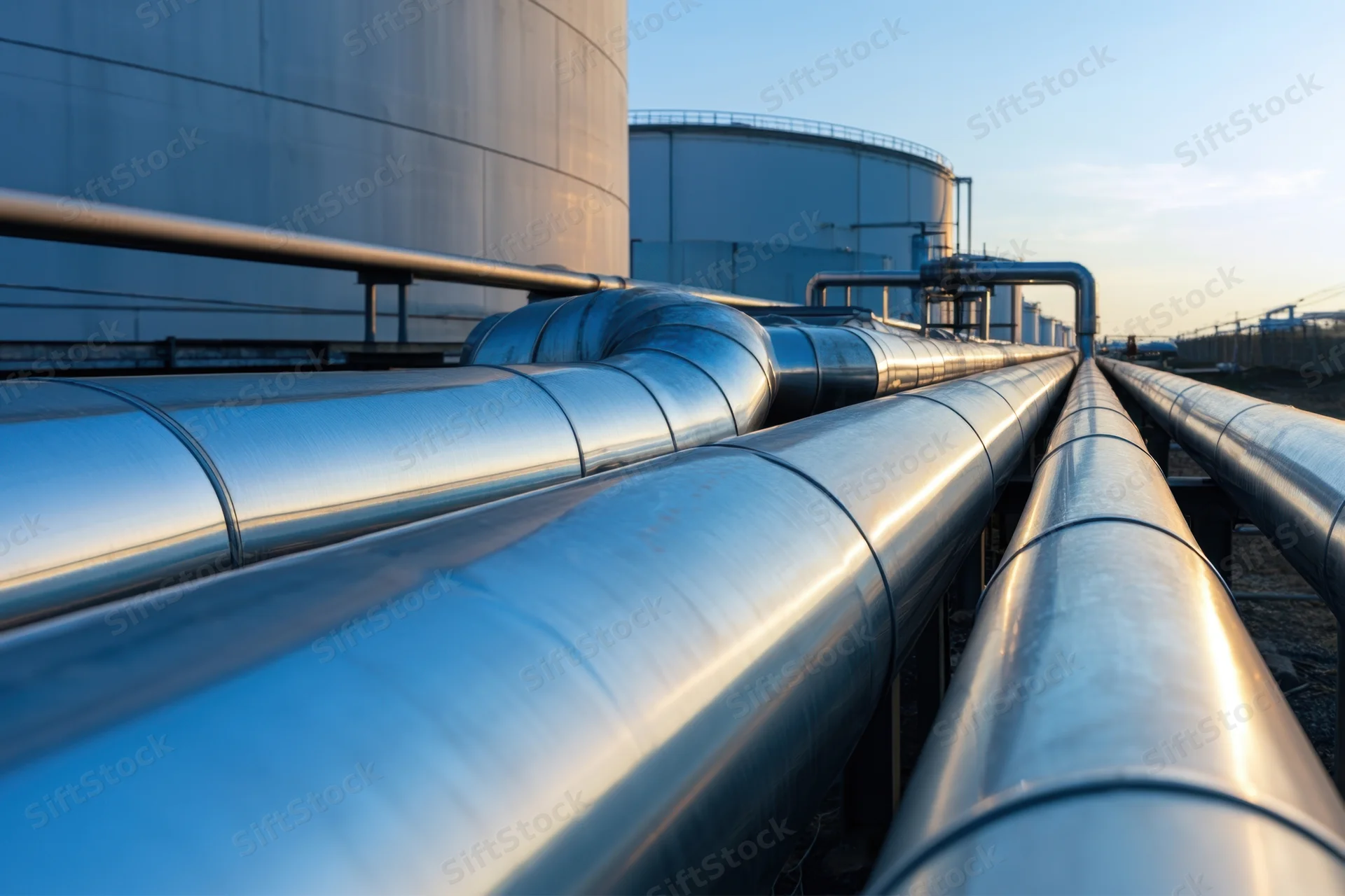 Steel pipelines running through an industrial refinery facility with large storage tanks in the background