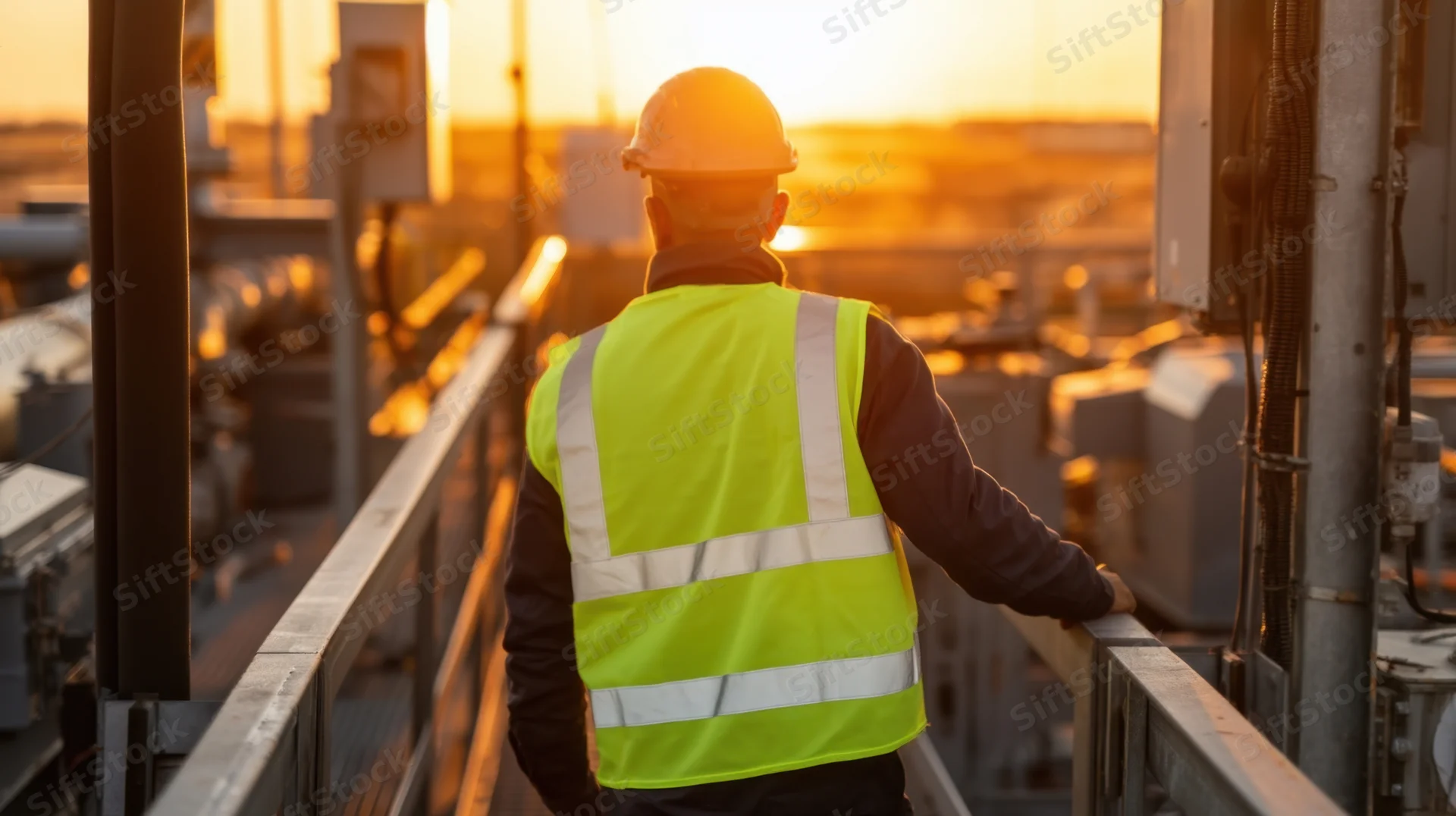 Worker in safety vest and hardhat standing on industrial platform at sunset
