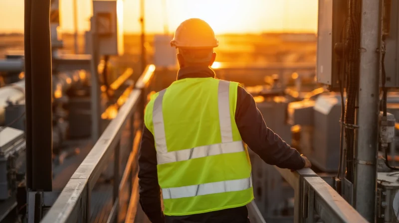 Worker in safety vest and hardhat standing on industrial platform at sunset