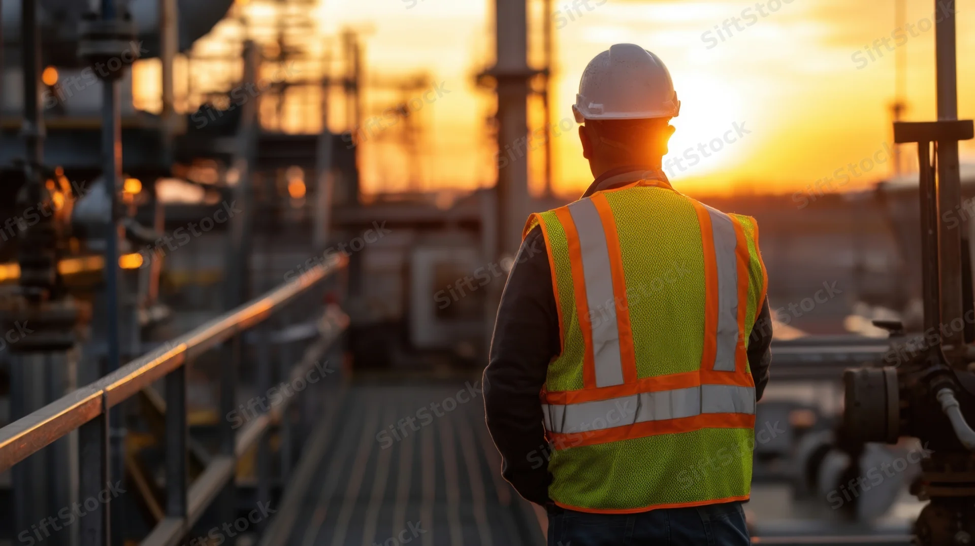 Worker in safety gear standing on platform at industrial plant at sunset