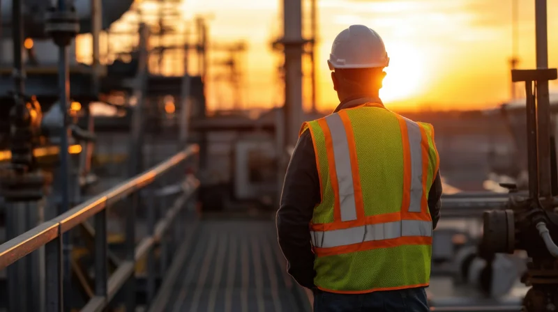 Worker in safety gear standing on platform at industrial plant at sunset