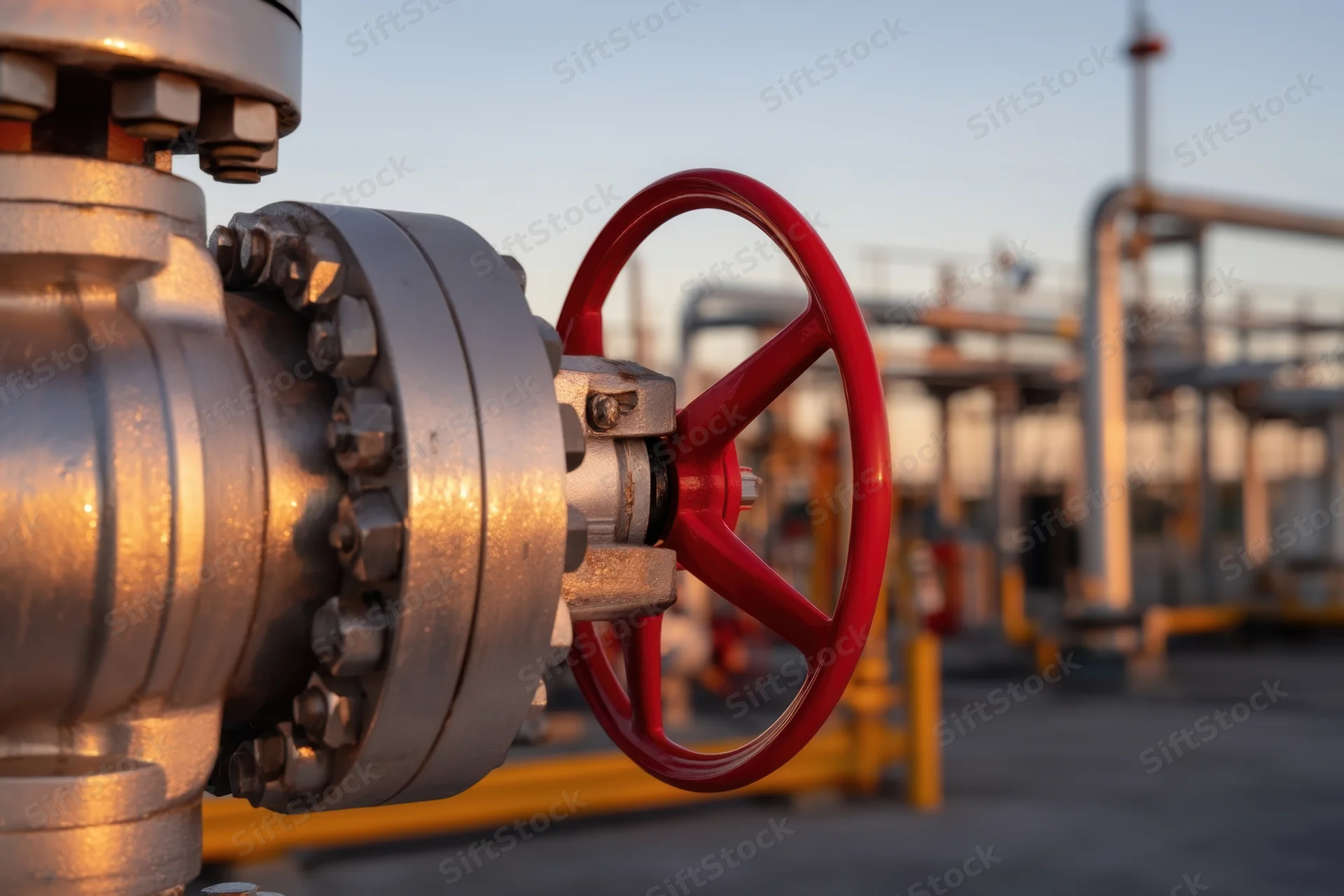 Close-up of a red-handled valve on a metal pipeline in an industrial refinery plant