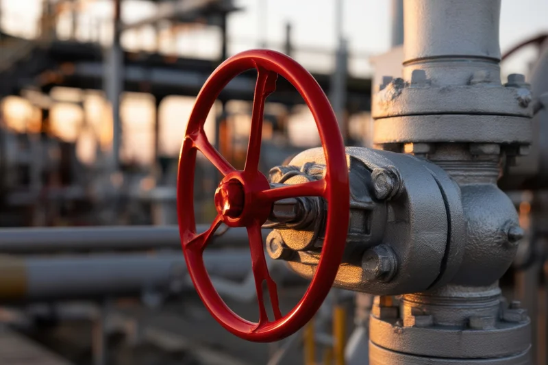 Red valve wheel on industrial pipeline in factory setting