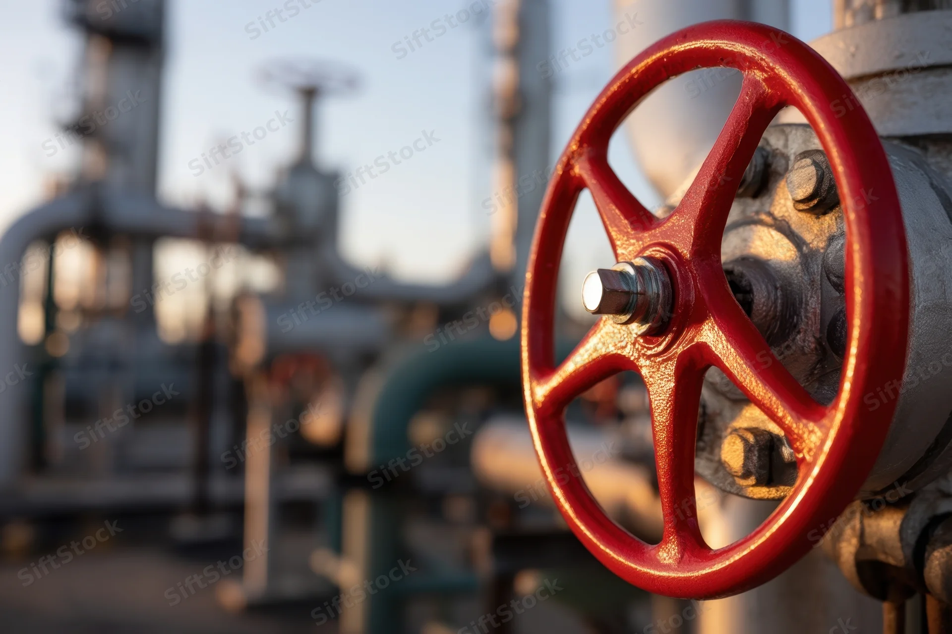 Red valve wheel on industrial pipeline at refinery plant