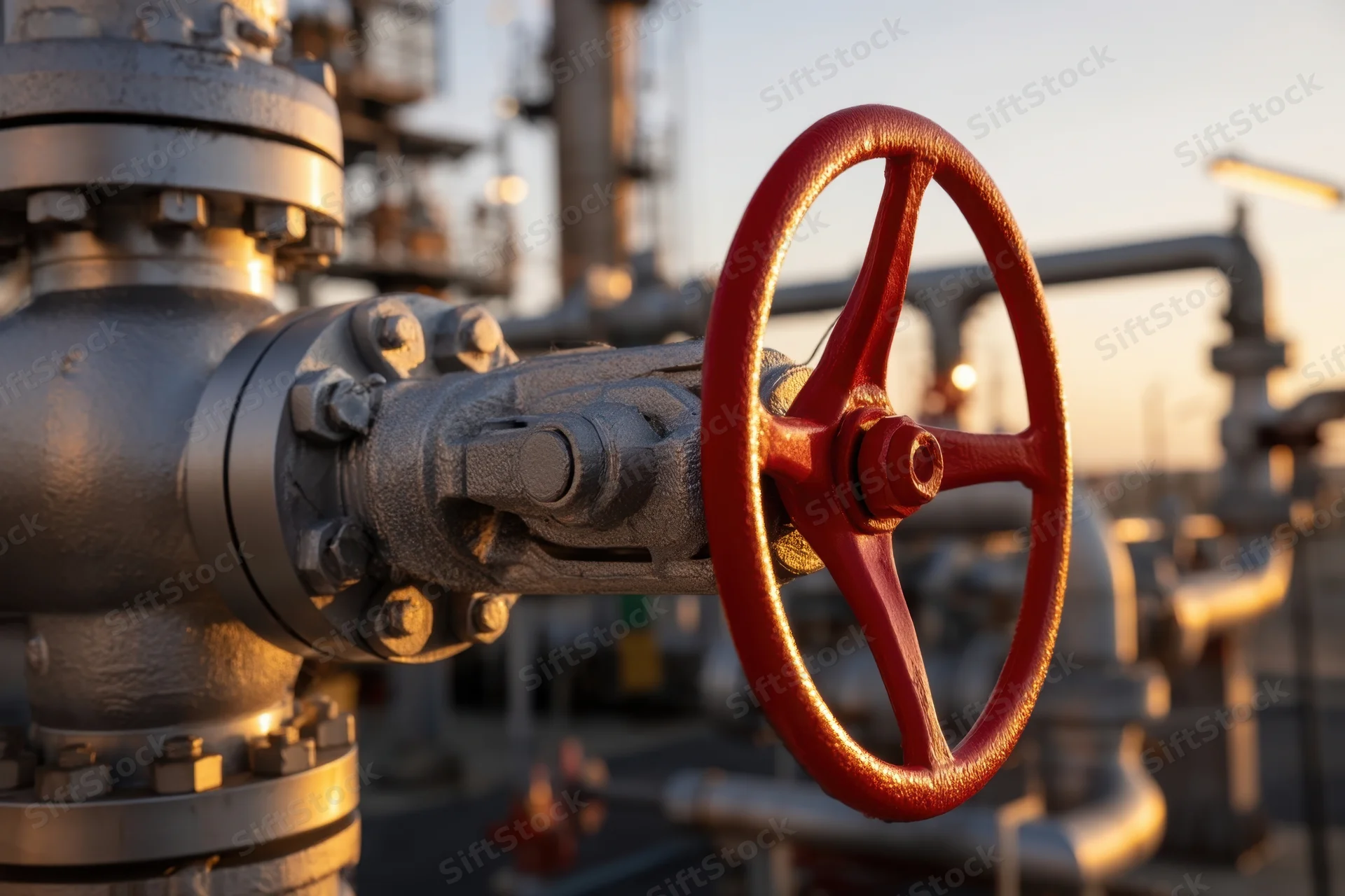 Red valve wheel on industrial pipeline at refinery plant during sunset