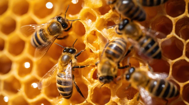 Honeybees crawling on honeycomb cells in a hive