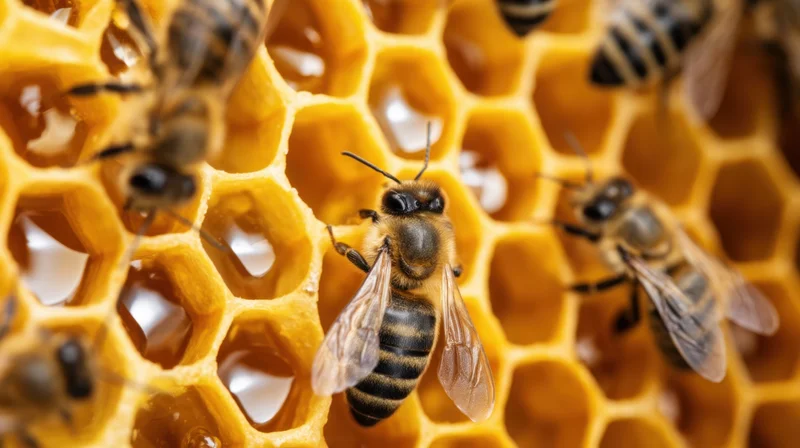 Honeybees on a honeycomb structure in a hive