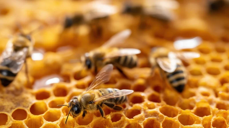 Bees crawling on a honeycomb structure in a hive