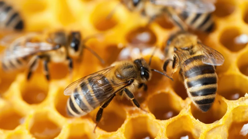 Honeybees crawling on a honeycomb structure in a hive