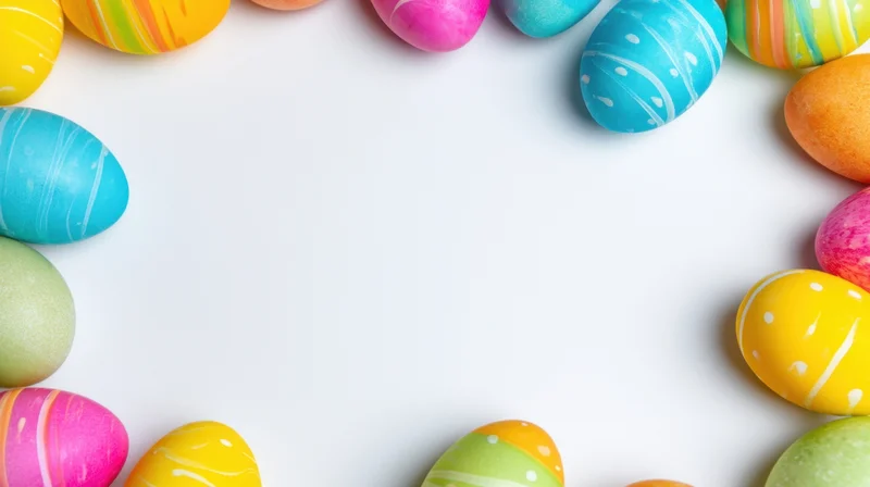 Colorful painted easter eggs arranged in a frame around white copyspace