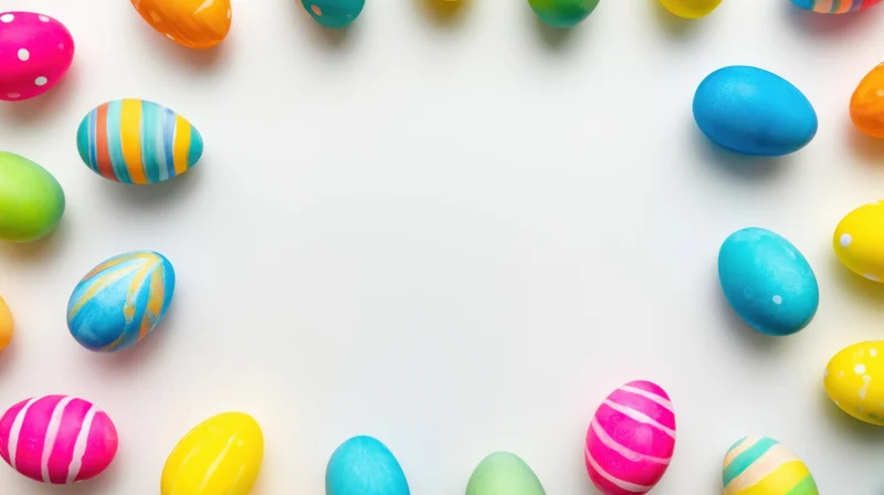 Colorful decorated easter eggs arranged in a border around a white copyspace