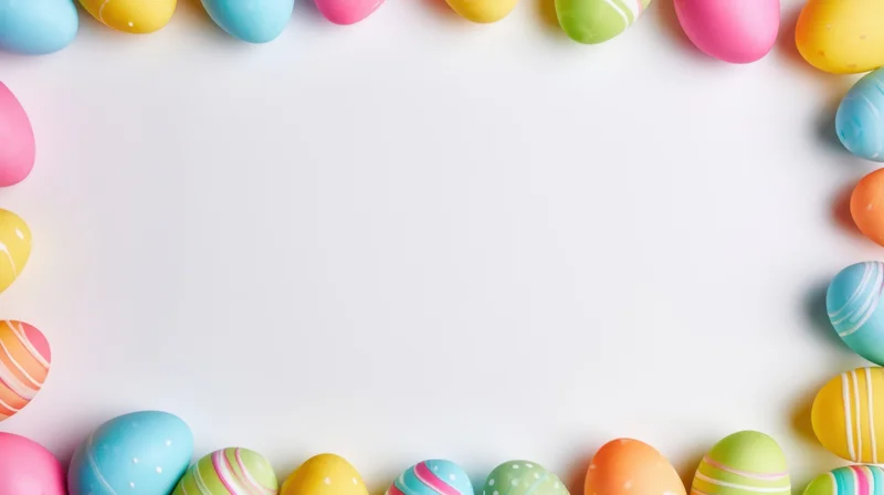Colorful easter eggs arranged in a frame on white background with copyspace