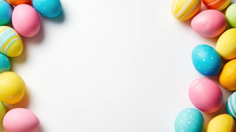 Colorful decorated easter eggs arranged along the sides of a white surface with copyspace in the center