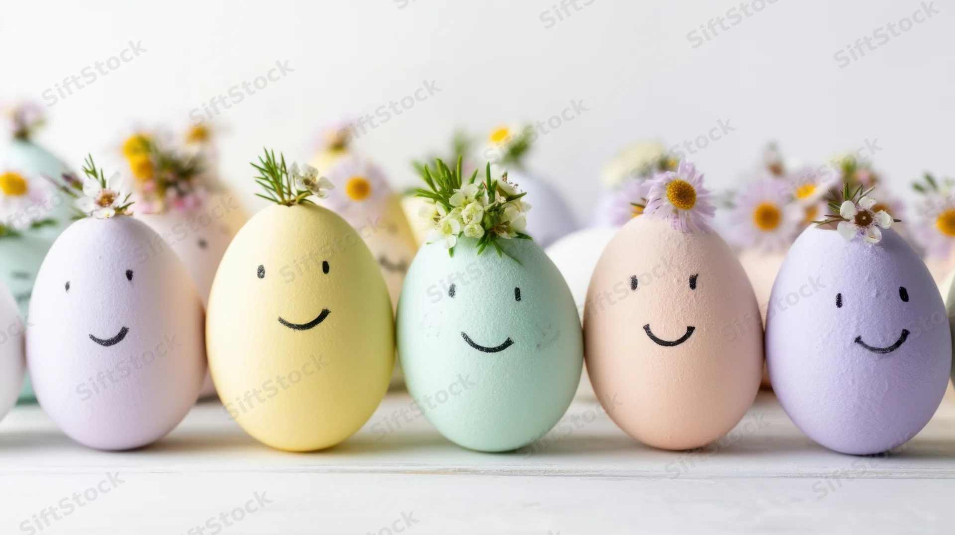 Pastel decorated eggs with smiling faces and floral crowns arranged in a row on a white surface