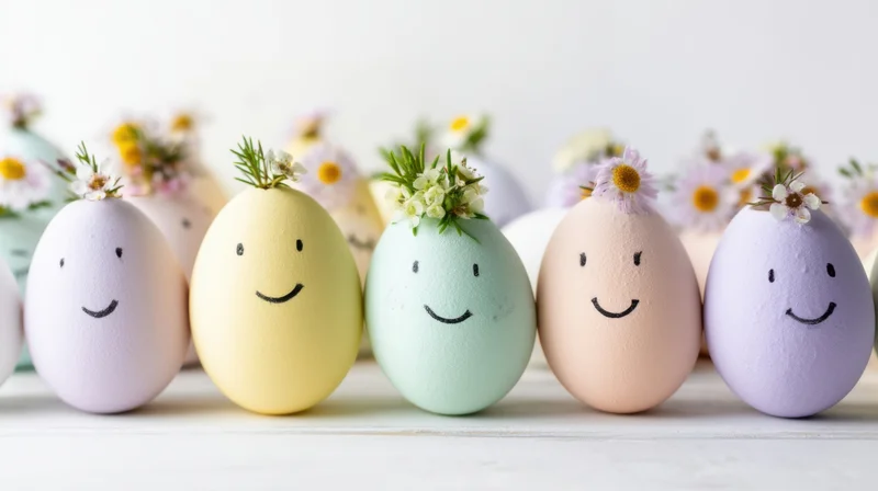 Pastel decorated eggs with smiling faces and floral crowns arranged in a row on a white surface