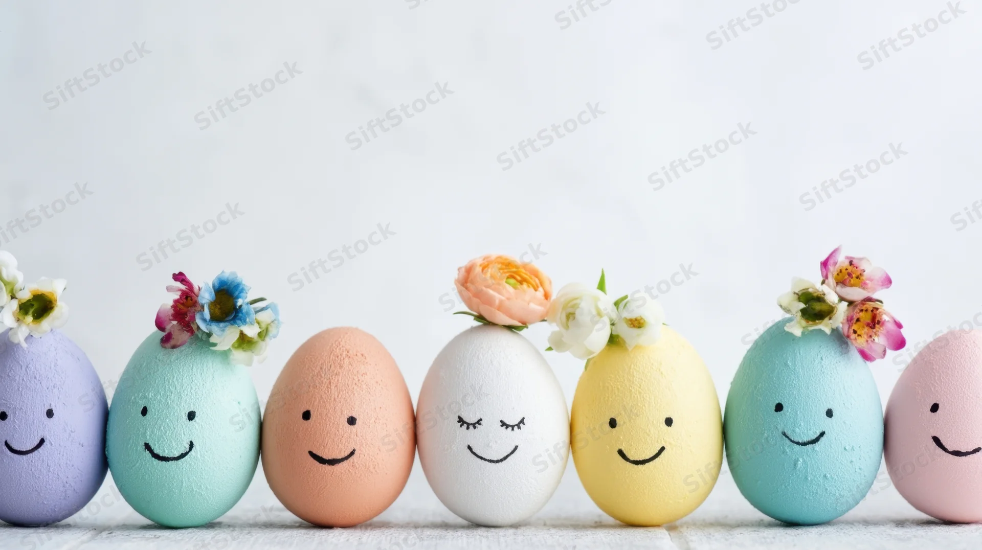 Row of colorful decorated easter eggs with smiling faces and small flowers on top arranged on white surface